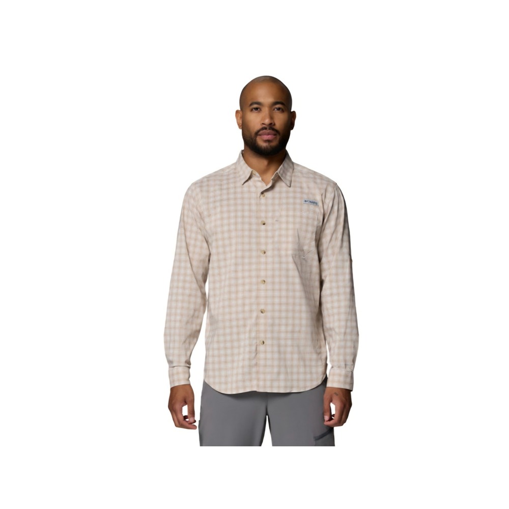 Columbia Mens XL Long Sleeve Plaid Button Down Shirt Tan White Micro Check
